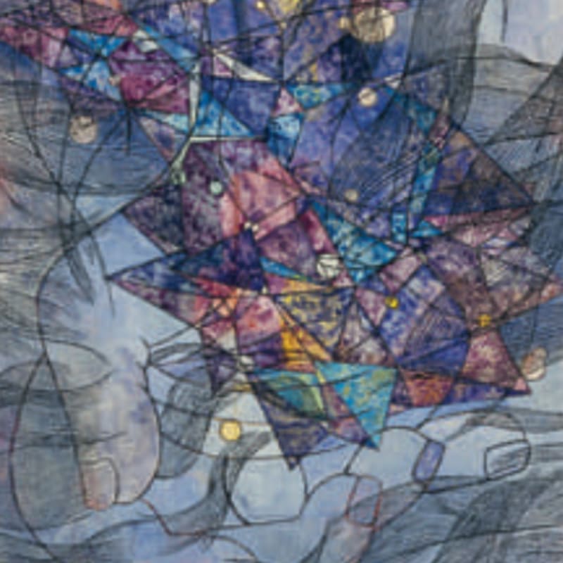 A vibrant, geometric nebula of purple and blue hues floats above a softly rendered, abstract landscape of muted blues and grays.