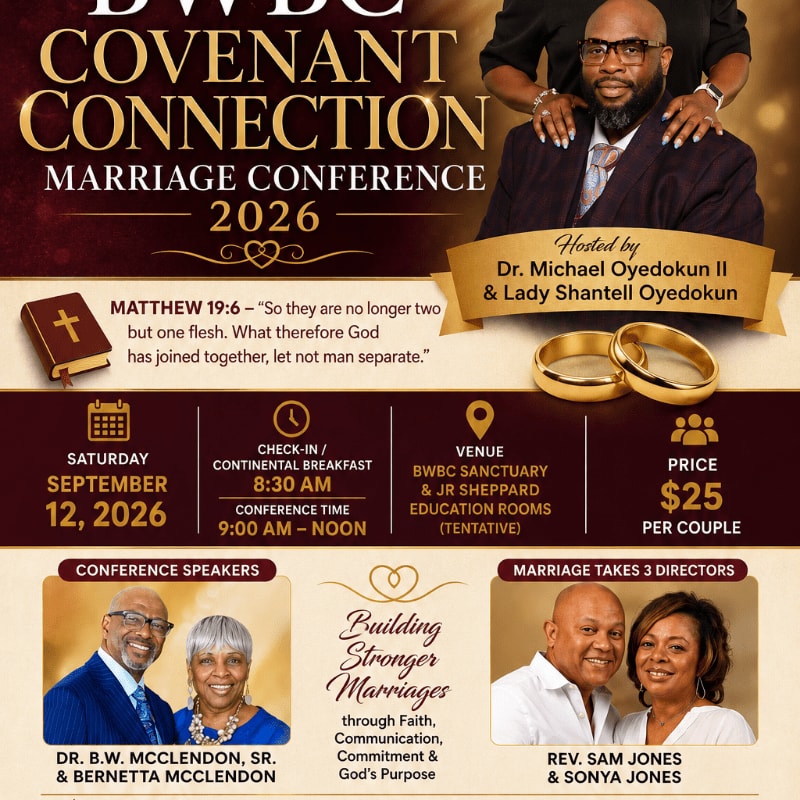 A flyer for a marriage conference in 2026 features a couple at the top, with event details and speakers below.