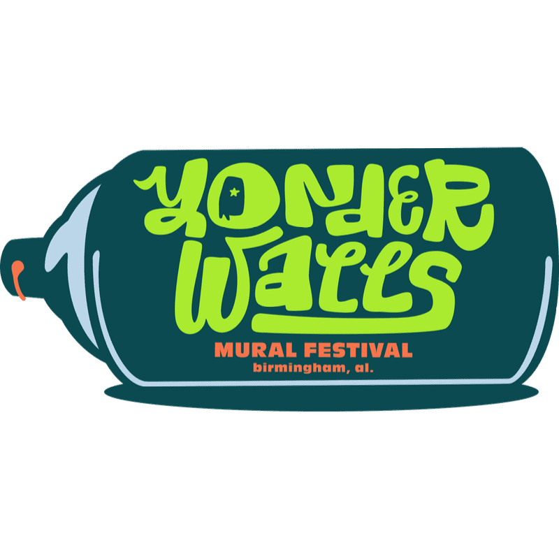 A teal bottle-shaped graphic with bright green, bubbly text reading "YONDER WALLS" and smaller text below stating "MURAL FESTIVAL BIRMINGHAM, AL." is set against a white background.
