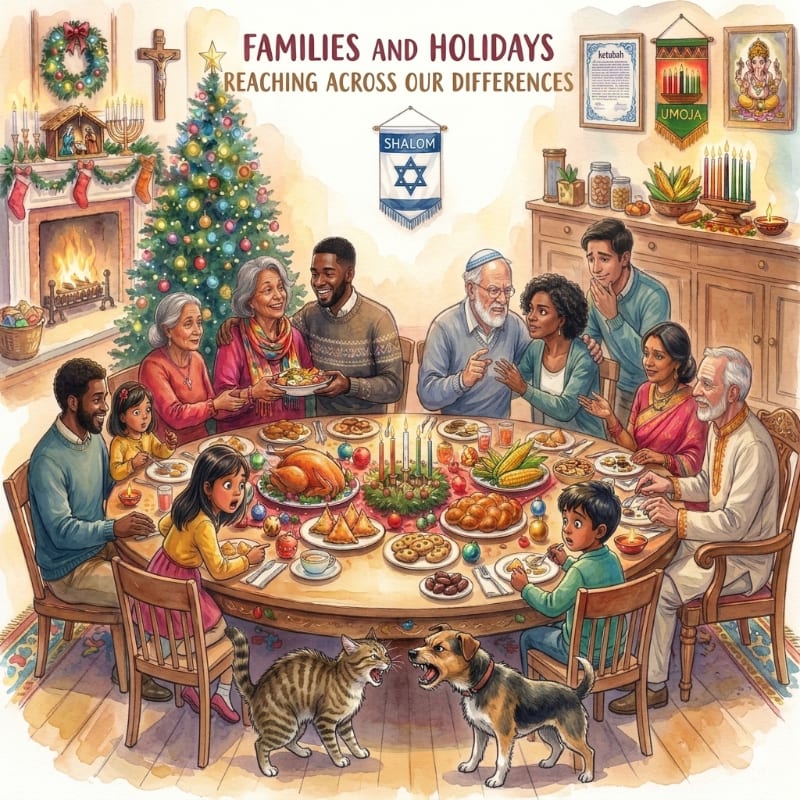 A diverse family enjoys a holiday meal around a decorated table with pets in the foreground, while various religious symbols adorn the background.