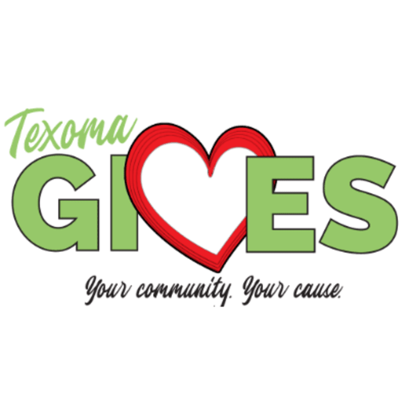 Green letters spelling "Texoma GIVES" with a red heart in place of the "I" are in the foreground, while the tagline "Your community. Your cause." is below them against a white background.