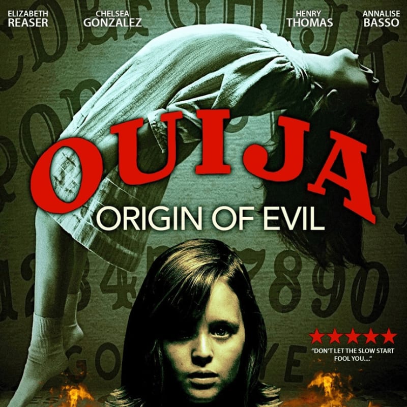 A young girl with a distressed expression is in the foreground, while a levitating woman is in the background against a backdrop of Ouija board letters and numbers.