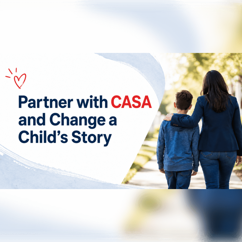 A woman with her arm around a young boy walks down a sunlit sidewalk, with the text "Partner with CASA and Change a Child's Story" on the left.