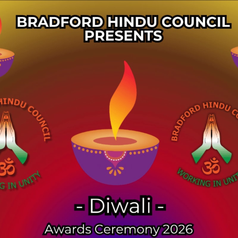 A central diya with flames is flanked by logos of the Bradford Hindu Council, with "Diwali Awards Ceremony 2026" written below.