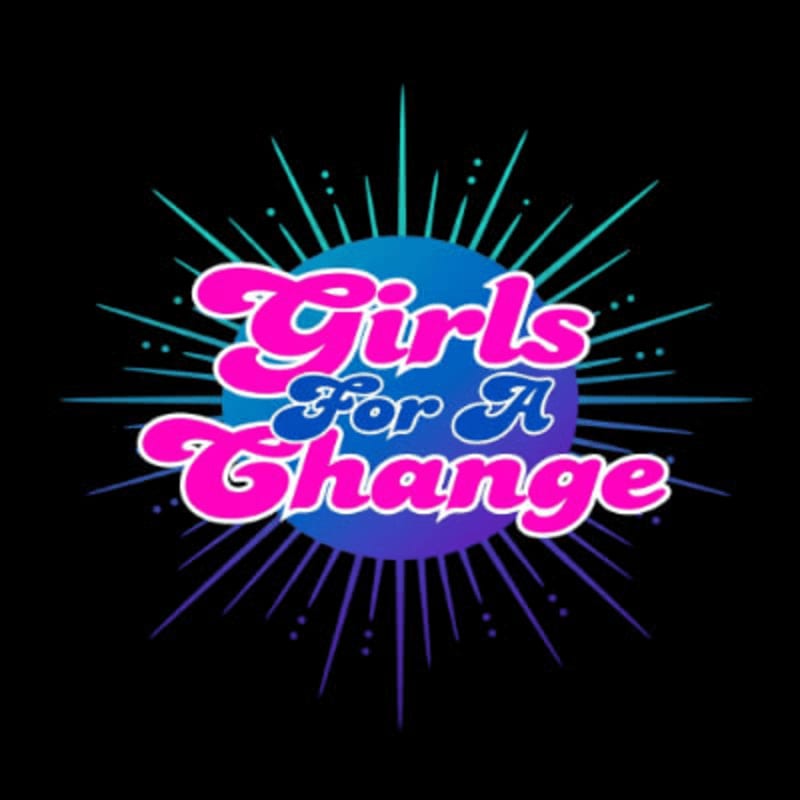 Pink and blue text reading "Girls For A Change" is centered on a gradient blue circle, surrounded by radiating teal and purple lines against a black background.