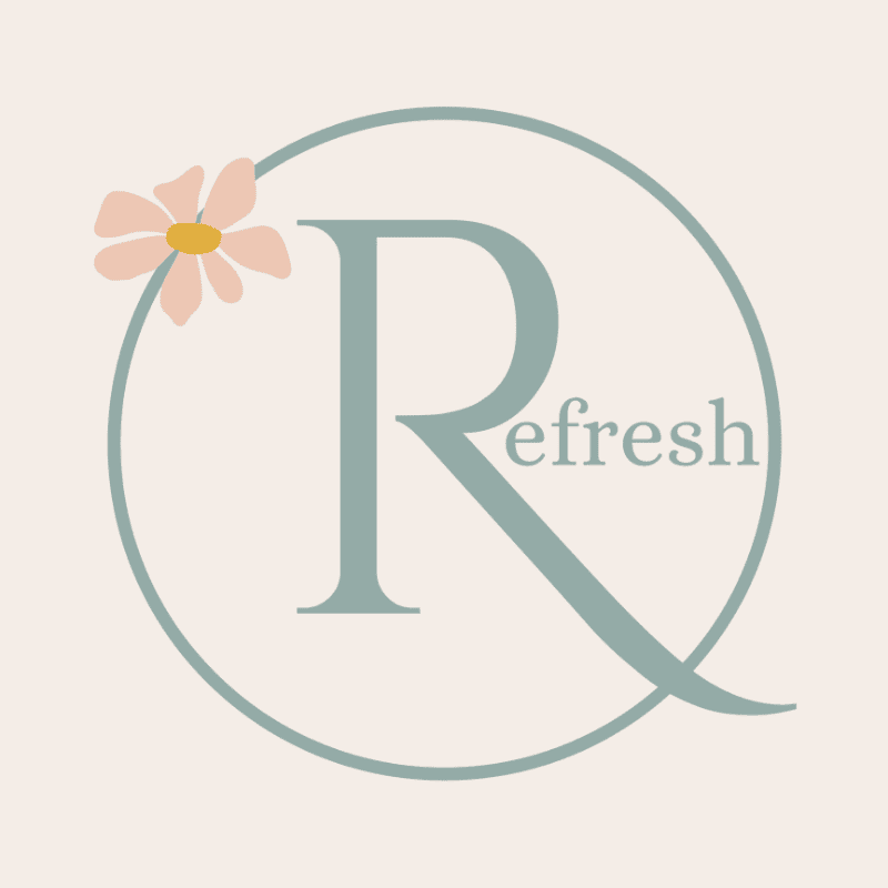 A pale pink daisy with a yellow center rests on the left side of a teal letter "R" inside a light blue circle, with the word "Refresh" written to the right of the letter, all set against a soft beige background.