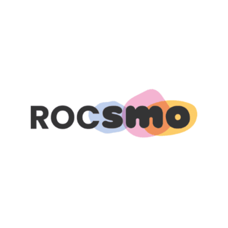 The word "ROCSMO" is displayed in bold, dark gray letters against a white background, with colorful, translucent blobs of blue, pink, and orange overlapping behind the letters.