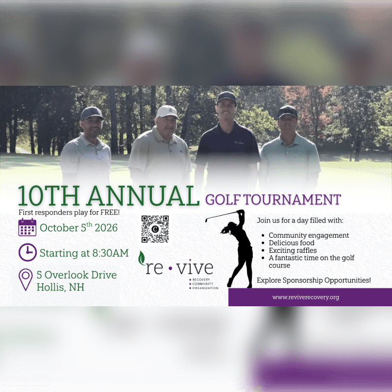 Four men stand on a golf course with trees in the background, while the foreground displays details about the 10th Annual Golf Tournament.