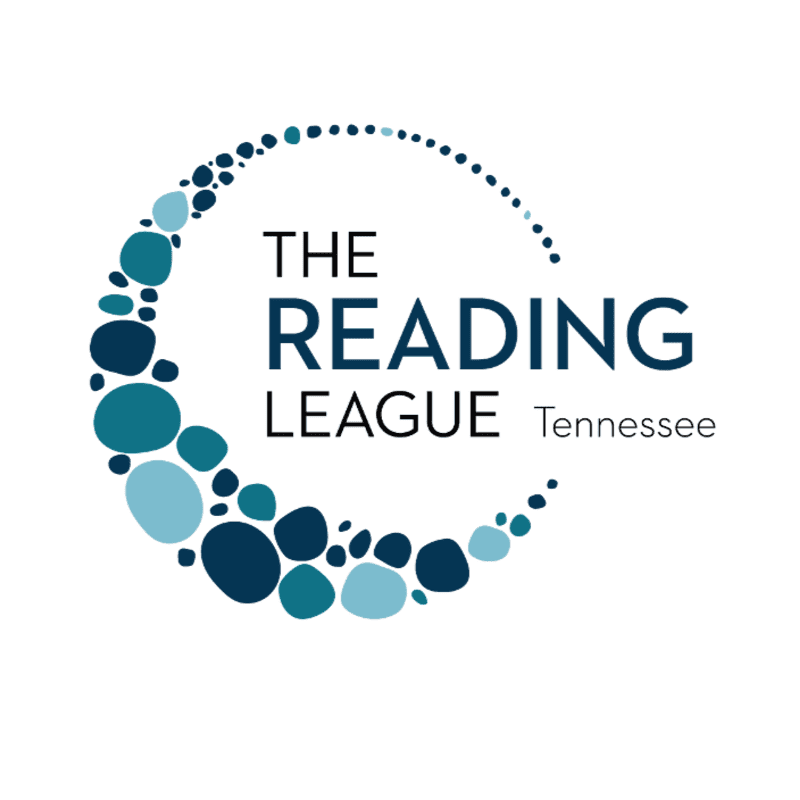 A crescent of blue and teal circles forms the foreground around the text "THE READING LEAGUE Tennessee" on a white background.
