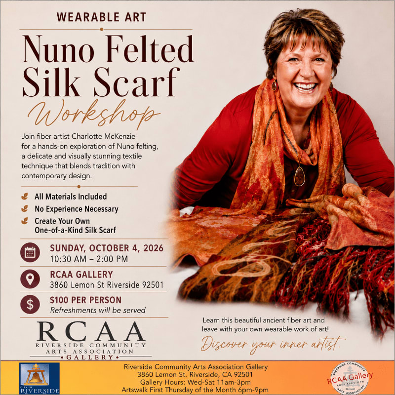 A smiling woman in a red top and a colorful felted silk scarf is featured in the foreground, with workshop details for a Nuno Felted Silk Scarf Workshop at RCAA Gallery in the background.