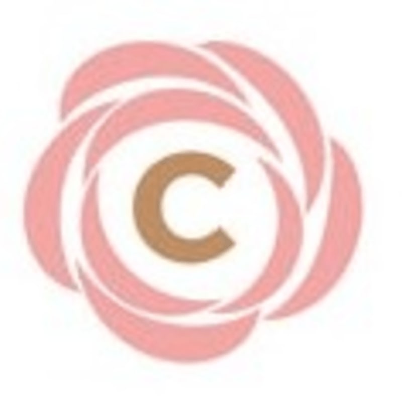 A brown letter "C" is centered within a swirling pink floral design against a white background.
