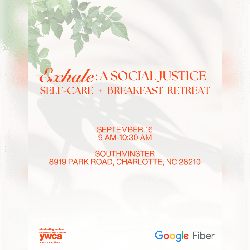 Green leaves are in the top left foreground against a white background with text detailing a social justice retreat.