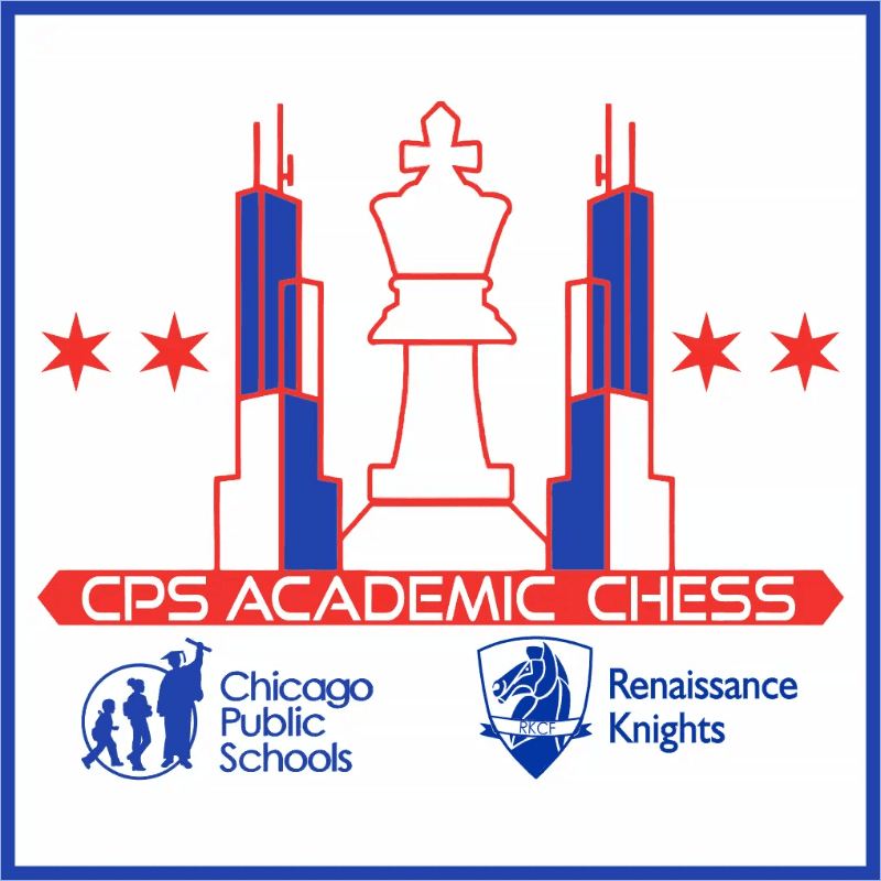 A white chess king stands prominently in the foreground, flanked by stylized Chicago skyscrapers and red stars, with the text "CPS ACADEMIC CHESS" below, all set against a white background.