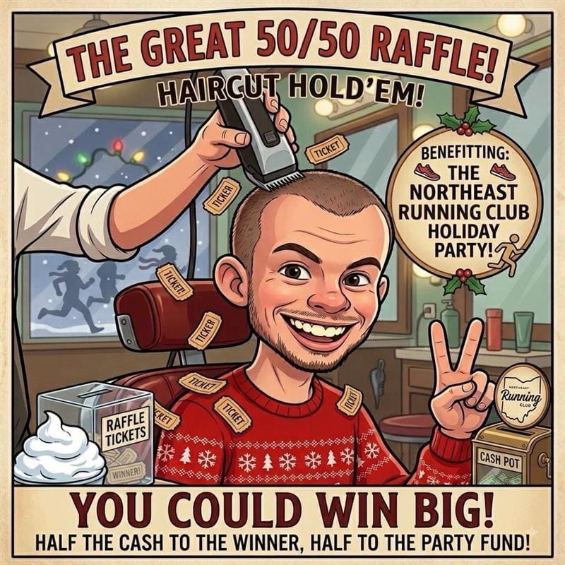 A smiling man with a freshly buzzed haircut, wearing a festive sweater, gives a peace sign in front of a barber chair with raffle tickets scattered around, while a snowy window with Christmas lights and running figures is visible in the background.