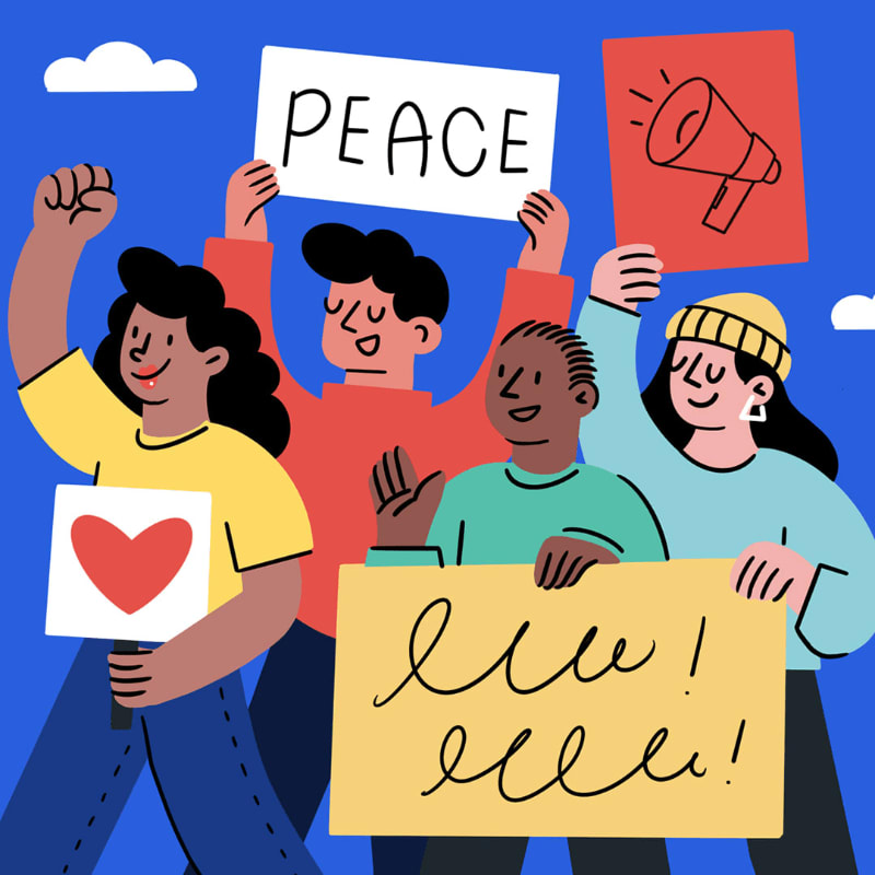 A diverse group of people hold signs with messages of peace and support against a bright blue sky with clouds.