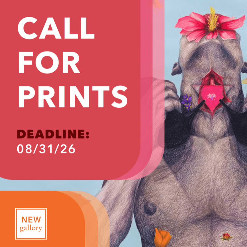 A red banner with "CALL FOR PRINTS" and a deadline overlays a surreal illustration of a figure adorned with flowers, set against a light blue background.