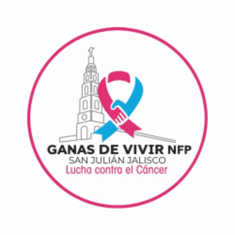 A pink and blue ribbon intertwined with clasped hands forms the foreground, set against a white background with a circular pink border, a stylized building, and text reading "GANAS DE VIVIR NFP SAN JULIÁN JALISCO Lucha contra el Cáncer" in the background.