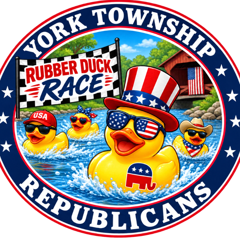 Four cartoon rubber ducks, one wearing a patriotic hat and sunglasses, splash in the foreground of a river with a checkered flag and a barn in the background, all within a circular emblem for the "York Township Rubber Duck Race Republicans."