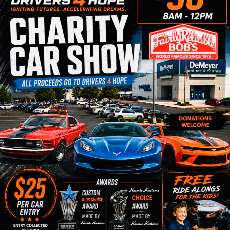 Three colorful cars are parked in the foreground with a charity car show advertisement in the background.