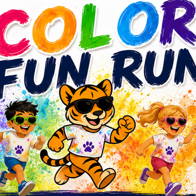 A cartoon tiger and two children in sunglasses and white t-shirts with paw prints run through a colorful paint splatter background under a banner that reads "COLOR FUN RUN".