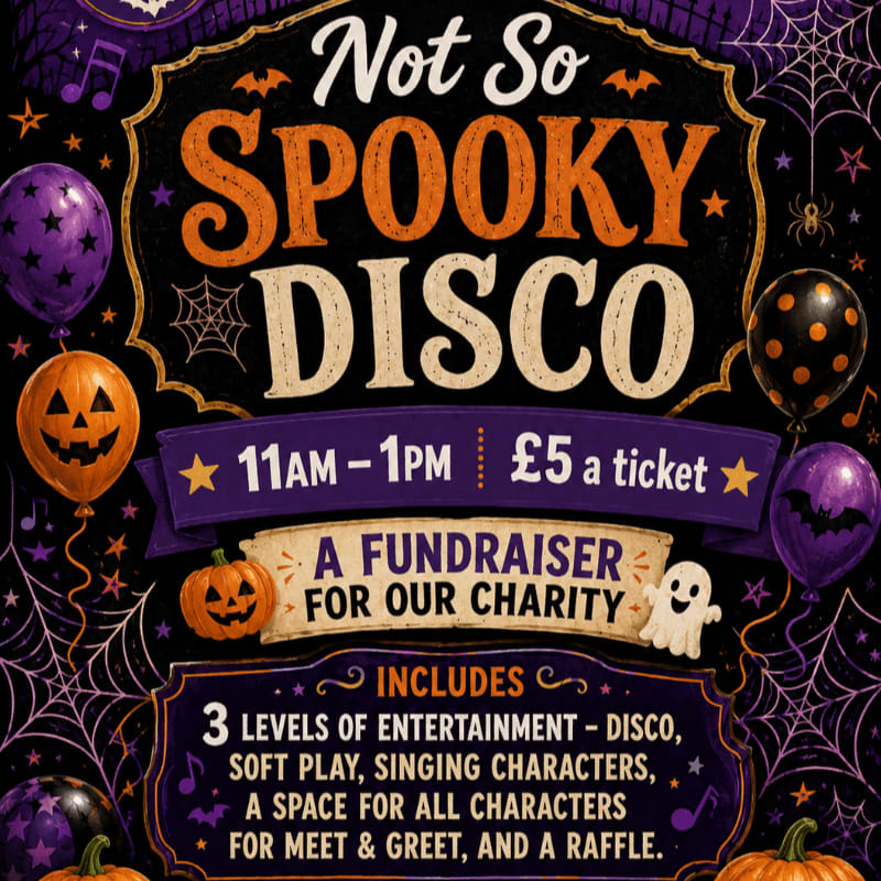 Orange and purple balloons float around a "Not So Spooky Disco" poster advertising a Halloween fundraiser with details about entertainment and pricing against a dark, cobweb-filled background.