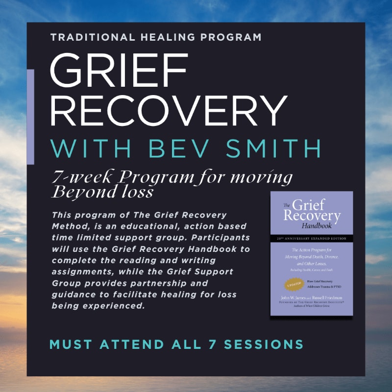 A dark overlay with text about a grief recovery program sits in the foreground against a blurred background of a cloudy sky and ocean.