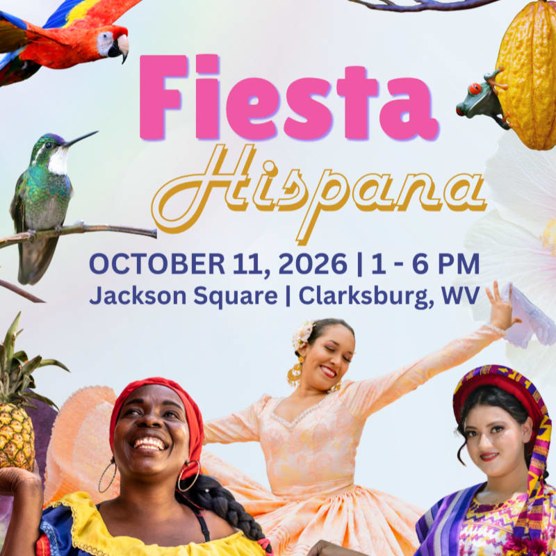 Colorful birds and fruit frame the "Fiesta Hispana" event details, with smiling women in festive attire in the foreground.