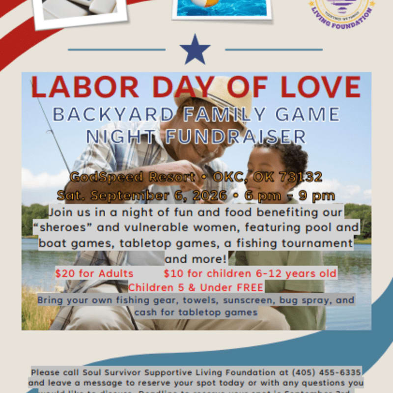 A Labor Day fundraiser for vulnerable women is advertised with a foreground of a grandfather and grandson fishing, and a background of a lake and trees.