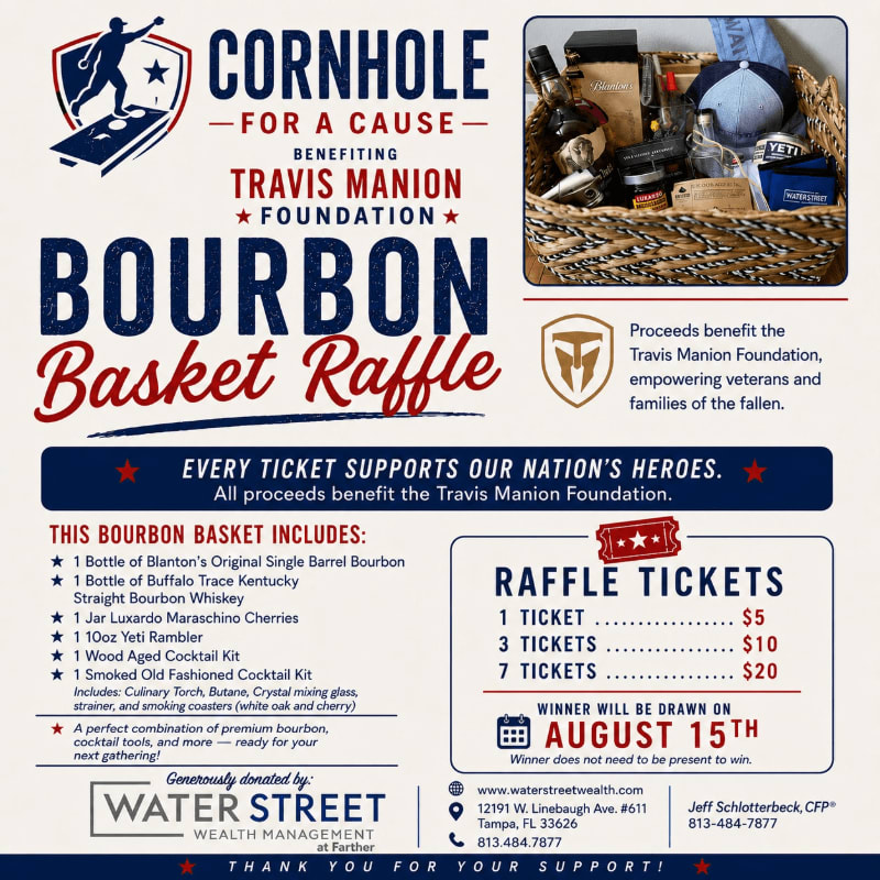 A cornhole tournament poster for a bourbon basket raffle benefiting the Travis Manion Foundation is in the foreground, with a raffle basket filled with bourbon and accessories in the background.