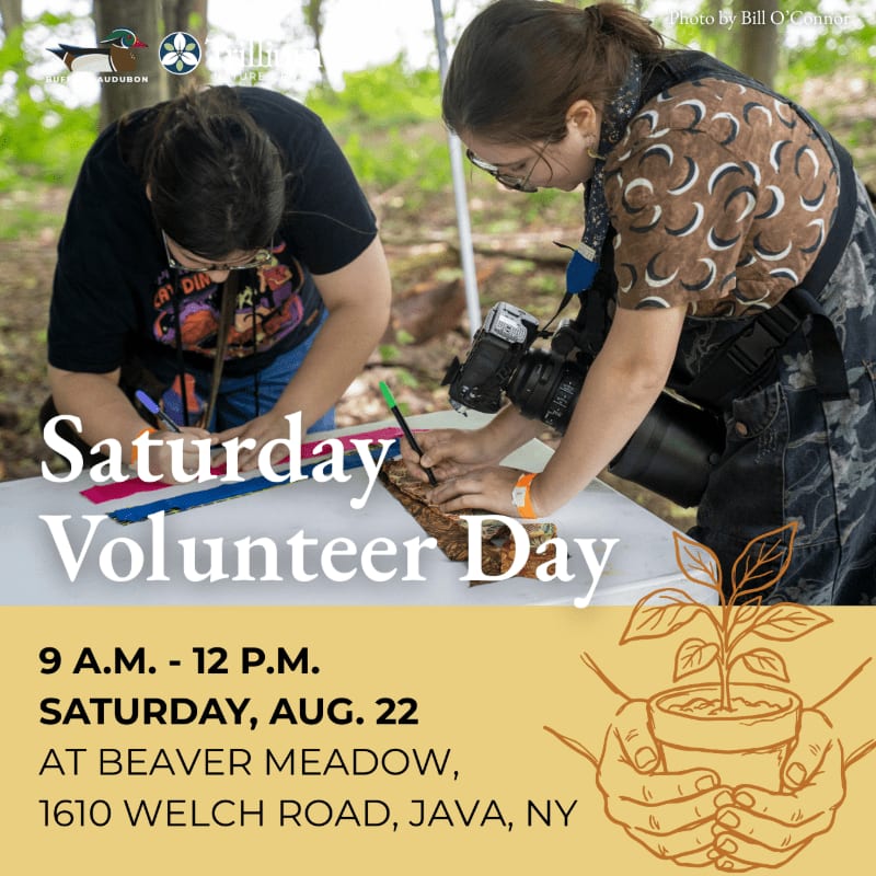 Two volunteers work on crafts at a table in the foreground, with a nature center visible in the blurred background.