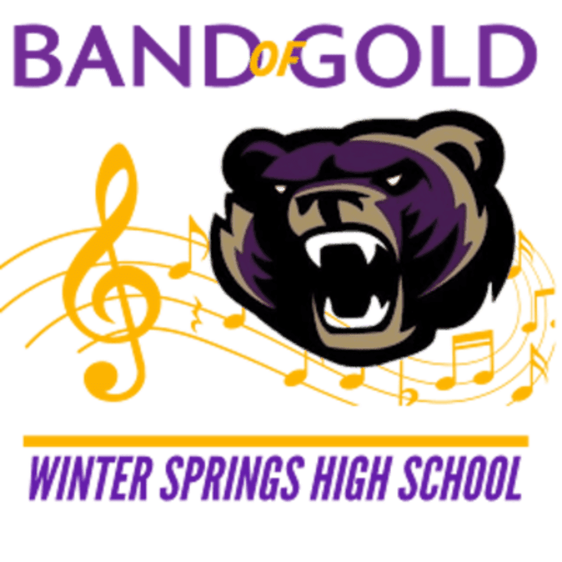 A fierce purple and black bear head with an open mouth is in the foreground, set against a background of swirling musical notes and a treble clef, with the words "BAND OF GOLD" above and "WINTER SPRINGS HIGH SCHOOL" below.