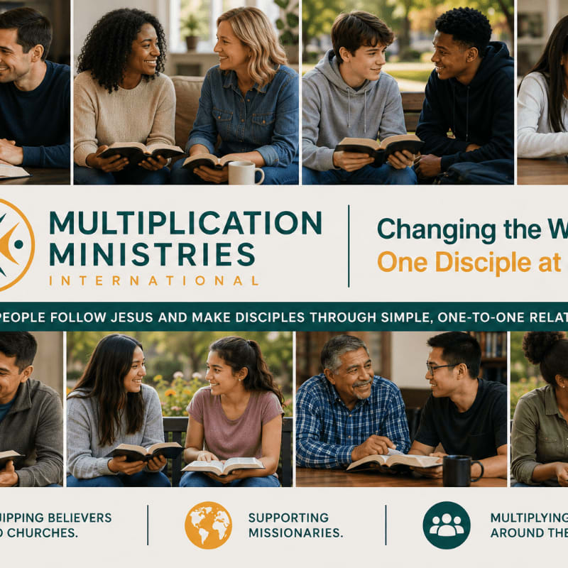 In the foreground, diverse groups of people are engaged in one-on-one discussions with open books, while the background features the "Multiplication Ministries International" logo and tagline.