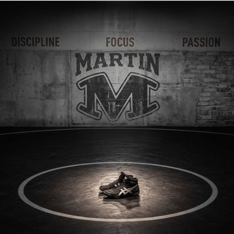 Wrestling shoes rest in the center of a mat in front of a concrete wall bearing a large "M" logo and the words "DISCIPLINE FOCUS PASSION."
