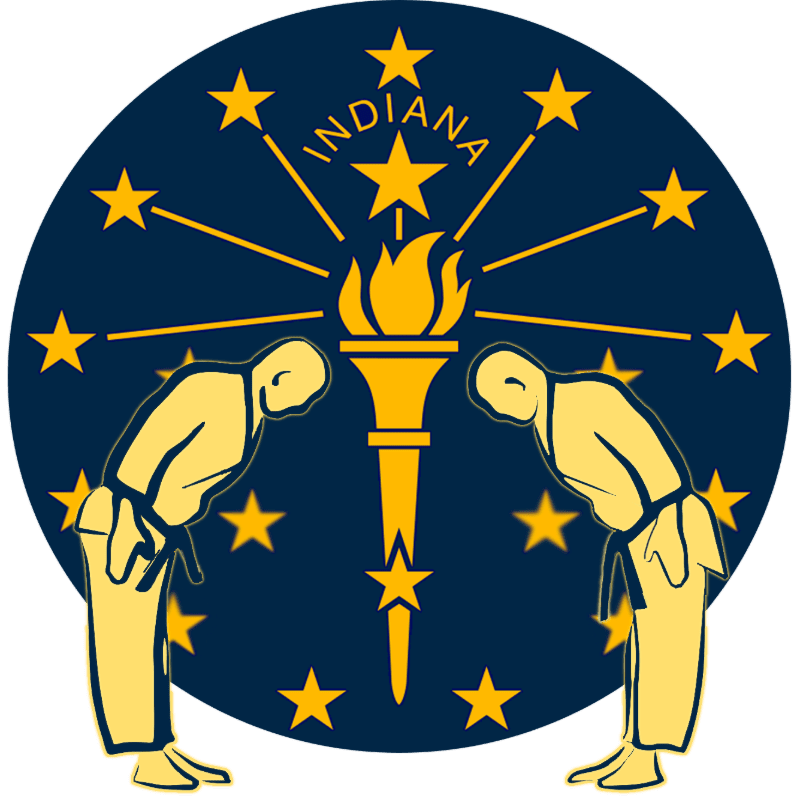 Two yellow figures in martial arts uniforms bow towards a golden torch with flames, set against a dark blue circular background adorned with stars and the word "INDIANA."