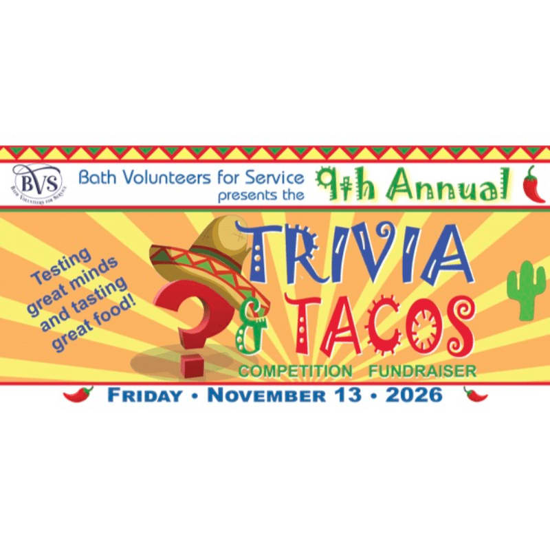 A vibrant banner advertises the 9th Annual Trivia & Tacos Competition Fundraiser, featuring a large question mark wearing a sombrero in the foreground against a sunburst background with cacti and chili peppers.
