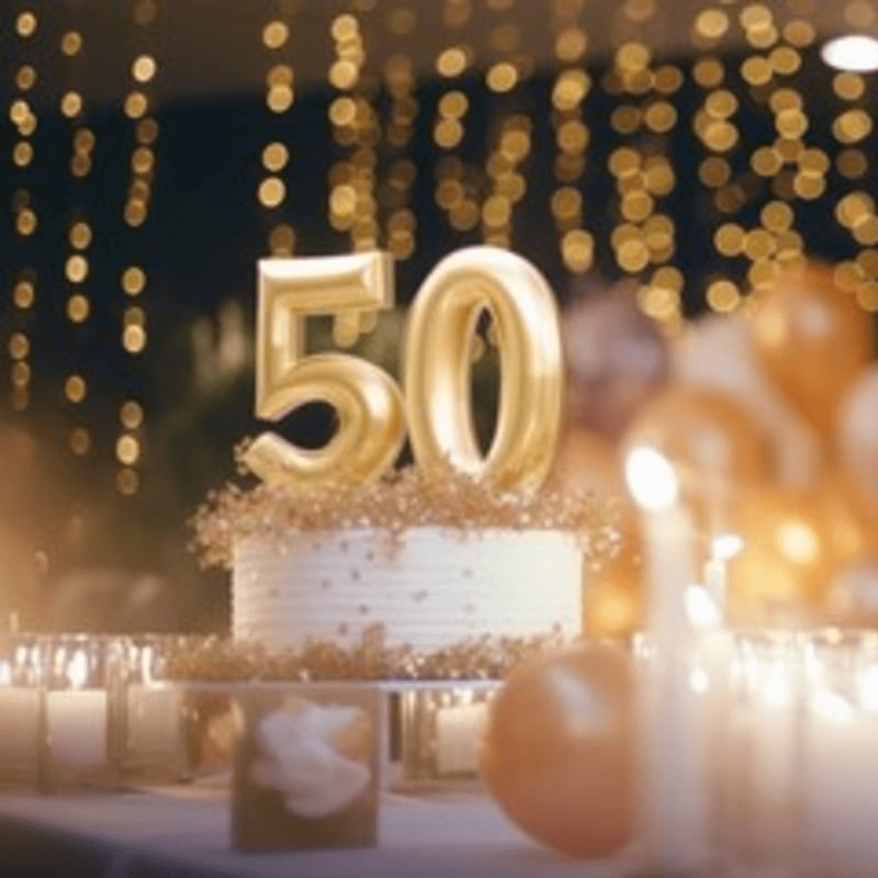 A white cake topped with a golden "50" balloon sits on a table surrounded by lit candles and out-of-focus golden lights in the background.