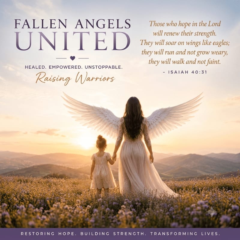 A woman with large white wings holds the hand of a young girl in a field of flowers at sunset, with text overlaying the scene.