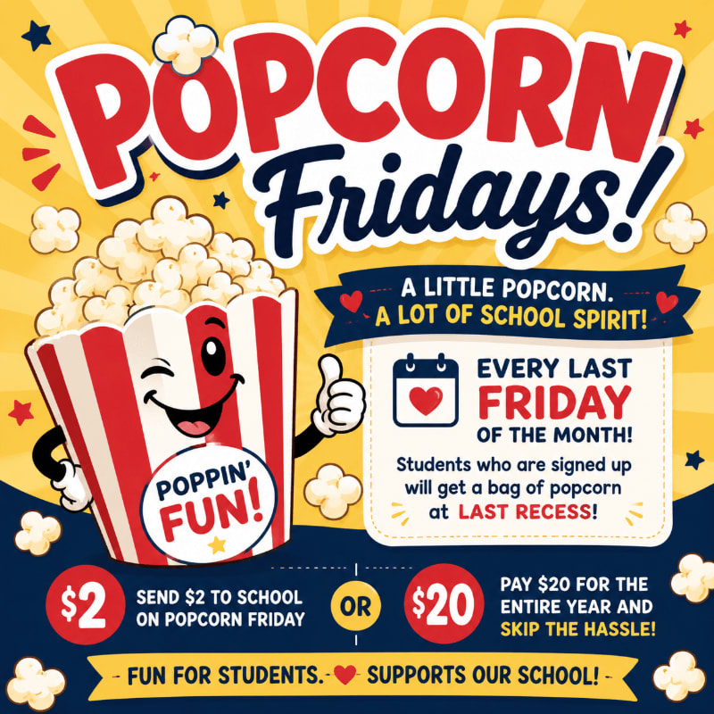 A cartoon popcorn box with a smiling face and thumbs up is in the foreground, while the background features bold text announcing "Popcorn Fridays!" and details about the event.