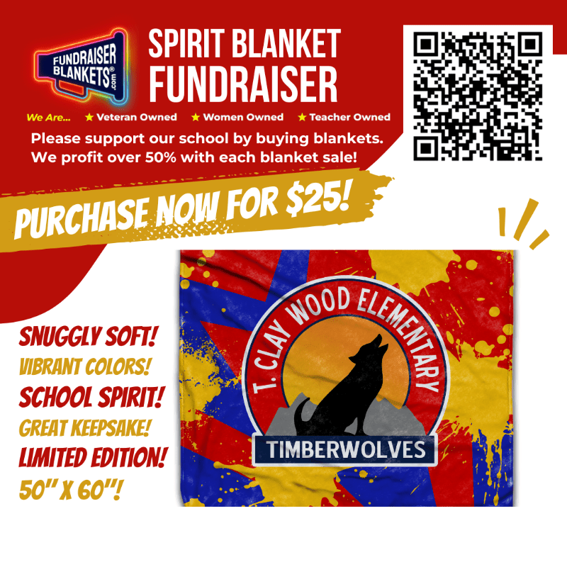 A vibrant, limited edition T. Clay Wood Elementary Timberwolves spirit blanket is featured in the foreground, with a red and yellow background promoting a fundraiser.