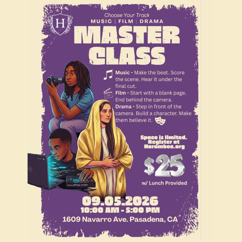 A purple flyer advertises a Master Class in Music, Film, and Drama, featuring illustrations of students engaged in these activities in the foreground against a textured purple background with event details.
