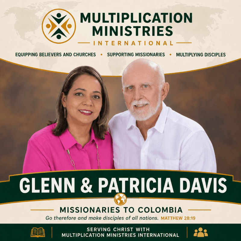 A smiling couple, Glenn and Patricia Davis, are featured in the foreground against a background of the Multiplication Ministries International logo and text.