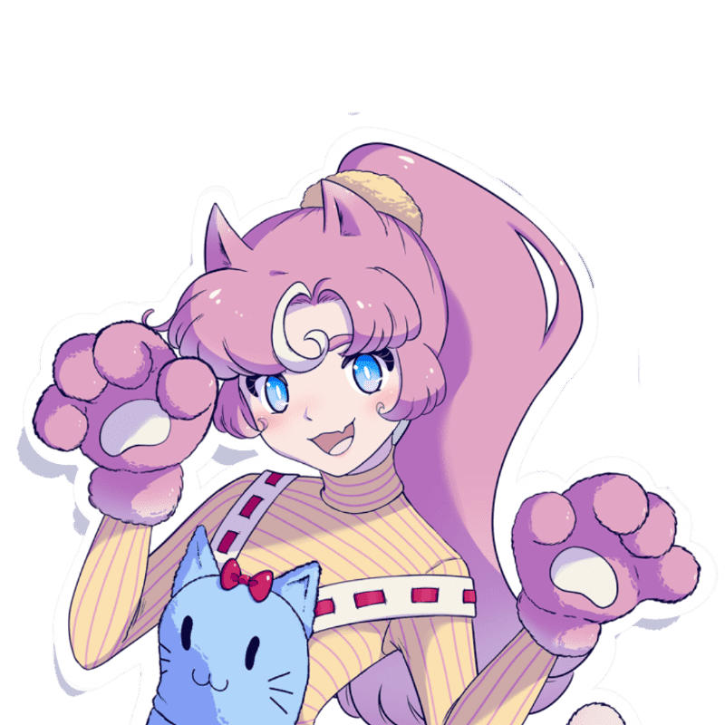 A smiling anime girl with pink cat ears and paws, wearing a yellow sweater, holds a blue cat plushie against a white background.