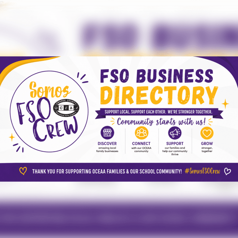 A purple and yellow banner advertises the "FSO Business Directory" with icons for discover, connect, support, and grow, while the foreground features the "Somos FSO Crew" logo and a thank you message.