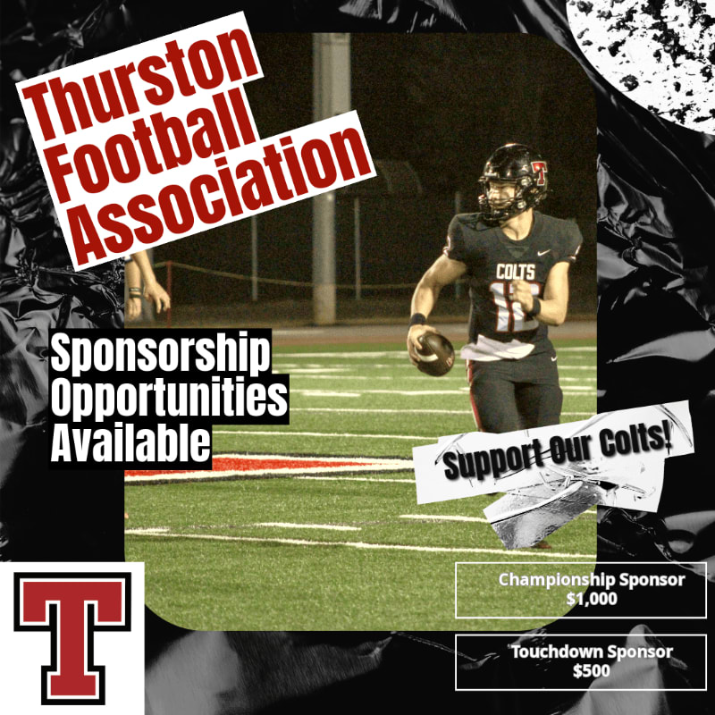 A football player in uniform runs with a ball on a field, with sponsorship information and the Thurston Football Association logo overlaid on the image.