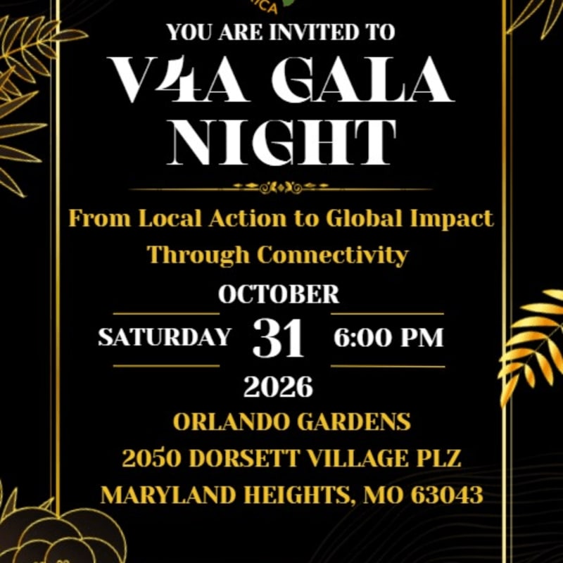 A black invitation for a V4A Gala Night on October 31, 2026, at Orlando Gardens in Maryland Heights, MO, is adorned with gold floral accents.