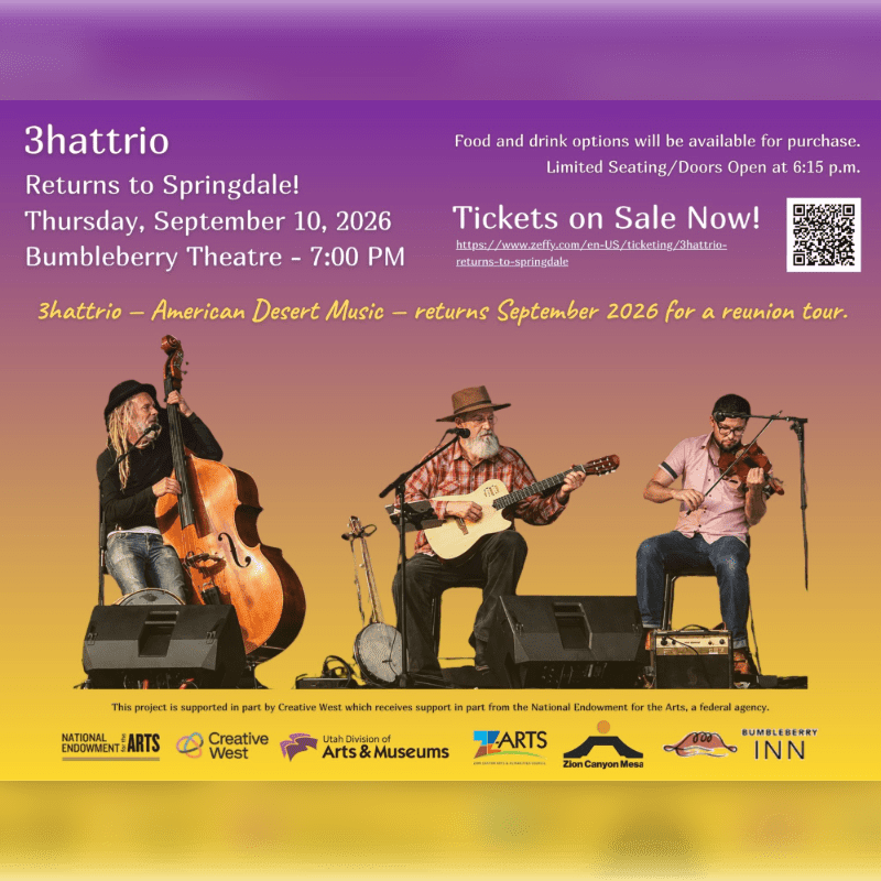 Three musicians play instruments on a stage in front of a purple background with event details.