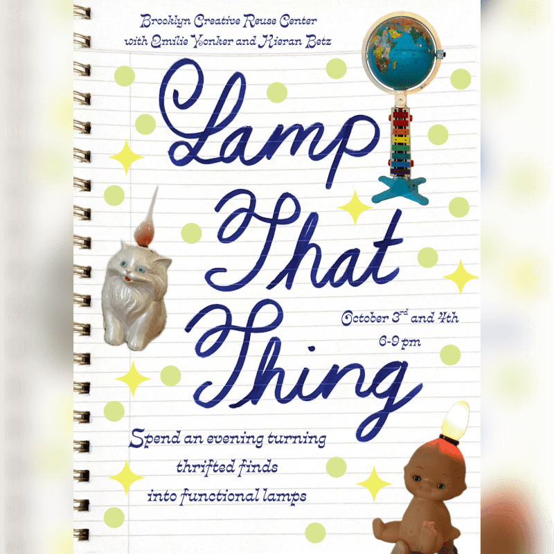 A notebook page with "Lamp That Thing" written in cursive, featuring a cat figurine and a doll in the foreground, and a globe on a colorful stand in the background.