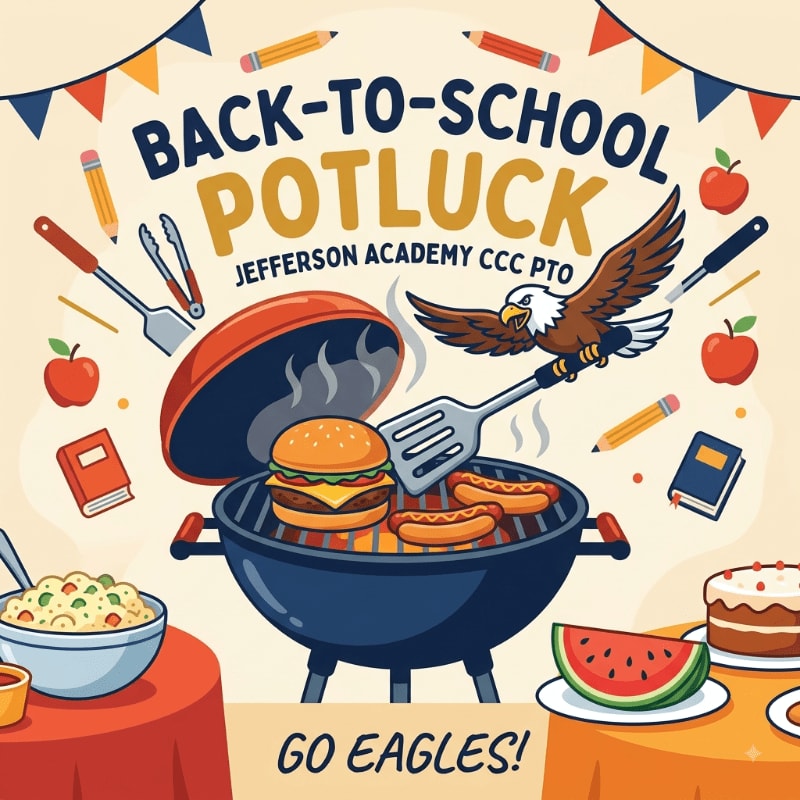 A colorful illustration of a back-to-school potluck features a grill with burgers and hot dogs in the foreground, set against a background of festive pennants, school supplies, and an eagle.