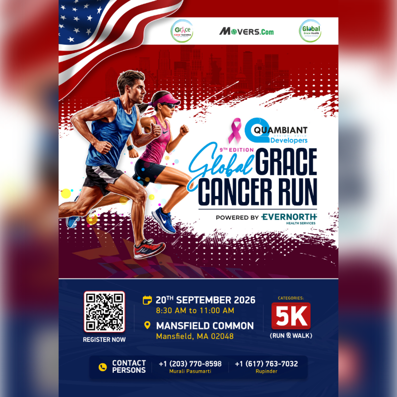 A male and female runner are in the foreground of a poster for the Global Grace Cancer Run, with a city skyline and American flag in the background.