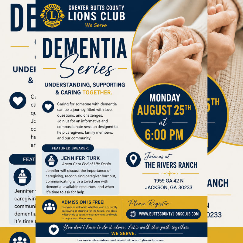 A flyer for a dementia series features a close-up of two elderly hands clasped in the background and event details in the foreground.
